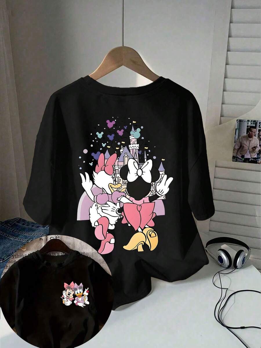 Disney Women's T-Shirt Classic Cartoon Minnie Daisy Double-Sided Printed T-Shirt, Short Sleeved Round Neck Casual Top, Suitable For Summer And Spring, Short Sleeved Top, Women's Clothing - Black - View 1