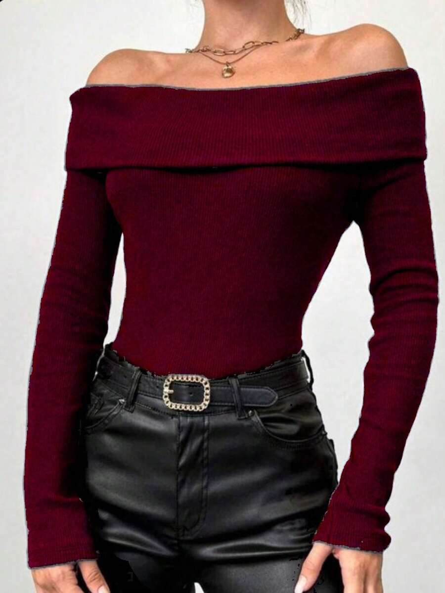 Women's Long Sleeve Off-The-Shoulder Blouse, Sexy Casual Winter Style - 紅木色 - 查看 1