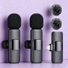无线领夹式麦克风系统，全指向，USB-C接口，一键录音，USB充电，内置可充电锂聚合物电池，适用于直播和视频会议，适用于和安卓手机的无线领夹式麦克风 - USB-C无线即插即用麦克风，带降噪功能、可充电电池和海绵套，适用于现场采访和录音（黑色），采访配件 | 小巧设计 | 含软套 - 黑色 - 查看 2