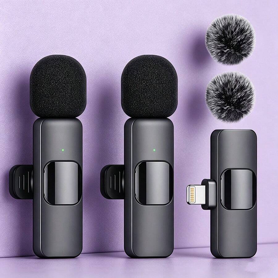 无线领夹式麦克风系统，全指向，USB-C接口，一键录音，USB充电，内置可充电锂聚合物电池，适用于直播和视频会议，适用于和安卓手机的无线领夹式麦克风 - USB-C无线即插即用麦克风，带降噪功能、可充电电池和海绵套，适用于现场采访和录音（黑色），采访配件 | 小巧设计 | 含软套