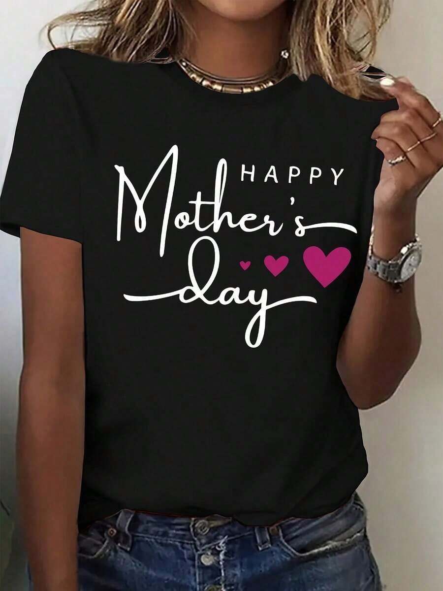 1 pieza de camiseta casual para mujer con estampado "Feliz Día de la Madre" - Camiseta verde de manga corta con cuello redondo y diseño de corazón, perfecta para celebraciones del Día de la Madre, camiseta para uso casual.| Top con Estampado Divertido| Ajuste cómodo, regalos para el Día de la Madre, 180g 100% algodón - Negro - Ver 1