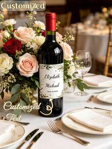 Customized Wedding Wine Label, Personalized With Name And Date, Green Eucalyptus Design, Ideal For Wedding Favors, Tabletop Decor, Bridal Shower, Square Sticker/Decal, A Romantic Birthday Gift - Multicolor - View 4