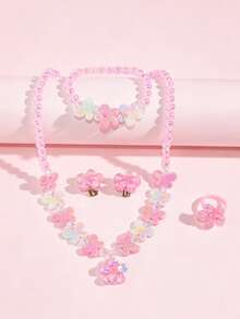 5pcs/Set Glitter Floral Beaded Jewelry Set Necklace Bracelet Ring Ear Clips Sweet Girl Dress Up Party Accessories Gift - one-size - View 9