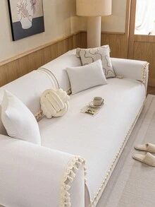 1 chiếc vỏ gối sofa dệt kim bằng cotton có tua rua, chất liệu mềm mại và thoáng khí, kiểu dáng tối giản màu be, vỏ bọc nội thất bốn mùa, chăn sofa, chống trượt, chống bụi, chống nhăn, chống trầy xước, phù hợp với sofa 1-4 chỗ và sofa hình chữ L. - trắng - Xem 4