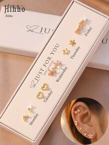 10pcs/Set Gentle Bowknot, Pink Flower, Heart, Small Flower, Fish Tail Rings, Suitable For Commuting Wear The Subtle Gentle Double Heart Style, Dating Wear The Pink Crystal Heart Style, Stacking Or Wearing Individually All Look Great! (With Elegant White Gift Box) - Week Earrings - View 1