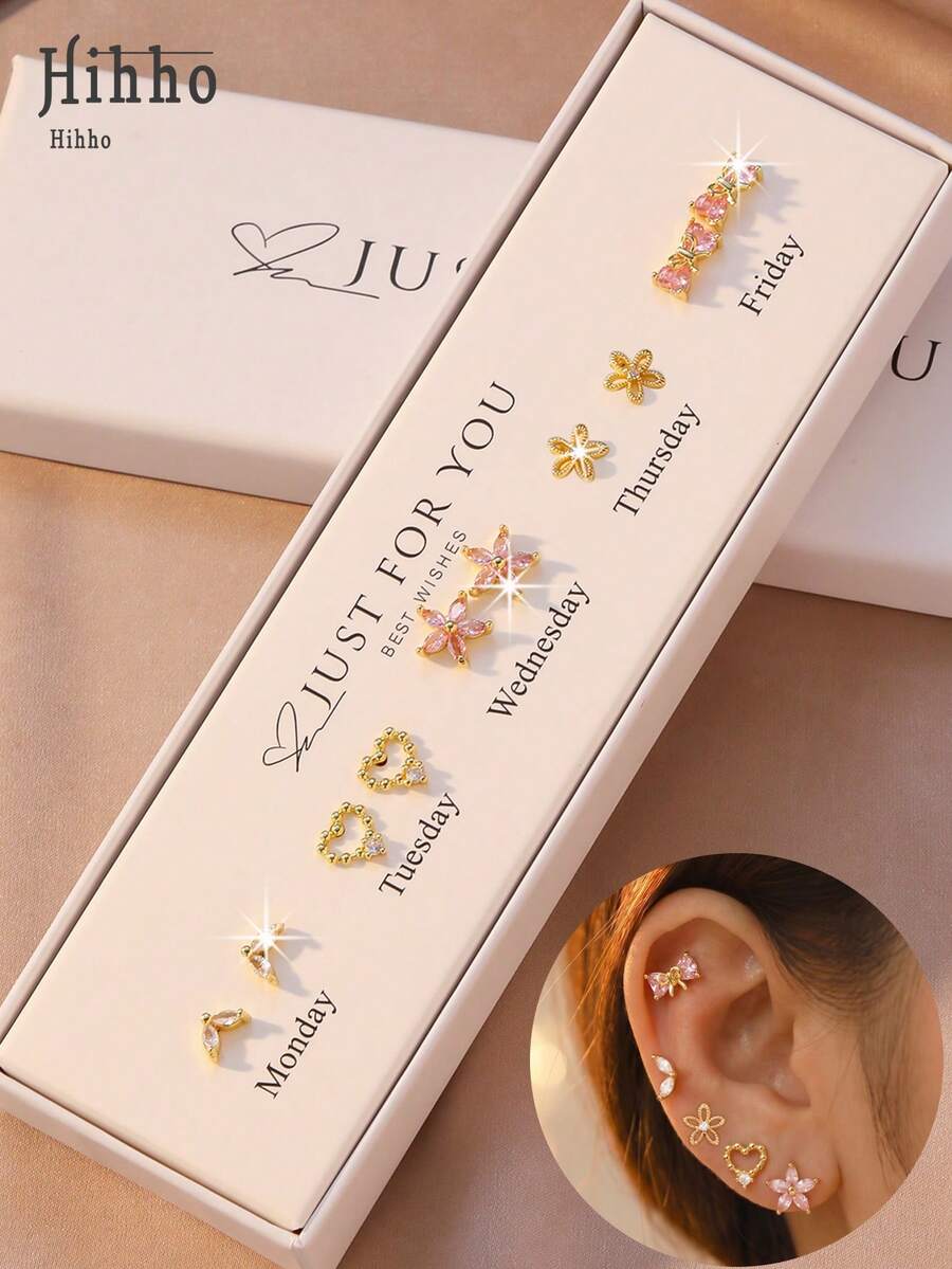 10pcs/Set Gentle Bowknot, Pink Flower, Heart, Small Flower, Fish Tail Rings, Suitable For Commuting Wear The Subtle Gentle Double Heart Style, Dating Wear The Pink Crystal Heart Style, Stacking Or Wearing Individually All Look Great! (With Elegant White Gift Box) - Week Earrings - View 1