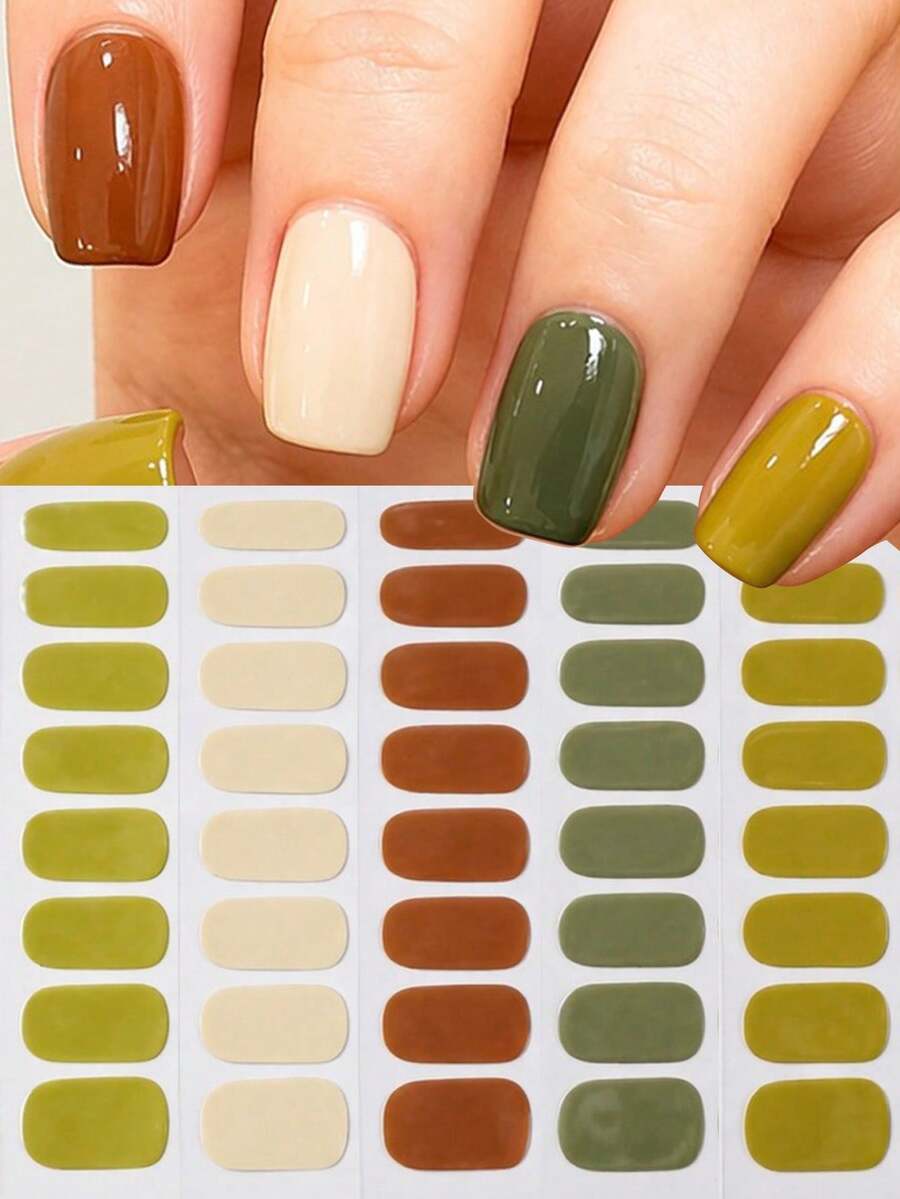 Set de 5 pegatinas de arte de uñas impermeables de colores dopamina de cobertura total para el verano, tiras de esmalte de uñas de unicolor vibrante, adecuado como regalo de arte de uñas para mujeres, apto para todas las uñas de mujer - Multicolor - Ver 1
