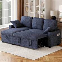 Corner Sofa Bed, L-Shaped Sleeper Sectional Couch Bed, 3 In 1 Chenille Convertible Pull Out Sofa Bed With Storage Chaise And Cup Holder For Living Room, Grey - Chenille Dark Blue - 3-seater - View 8