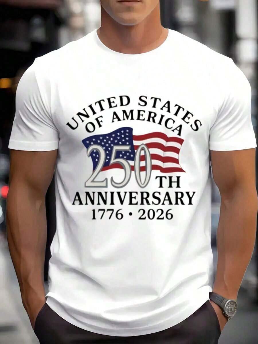 Camiseta de Cuello Redondo para Hombre con Estampado de la Bandera de los Estados Unidos de América, 250 Aniversario 1776-2026, para Celebración del Día de la Independencia, Tela Cómoda, Ideal para Regalar - Blanco - Ver 1