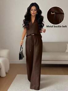 Conjunto de dos piezas  2026: top sin mangas escote en V + pantalones rectos color café, ideal para primavera y verano - Burdeos - Ver 9
