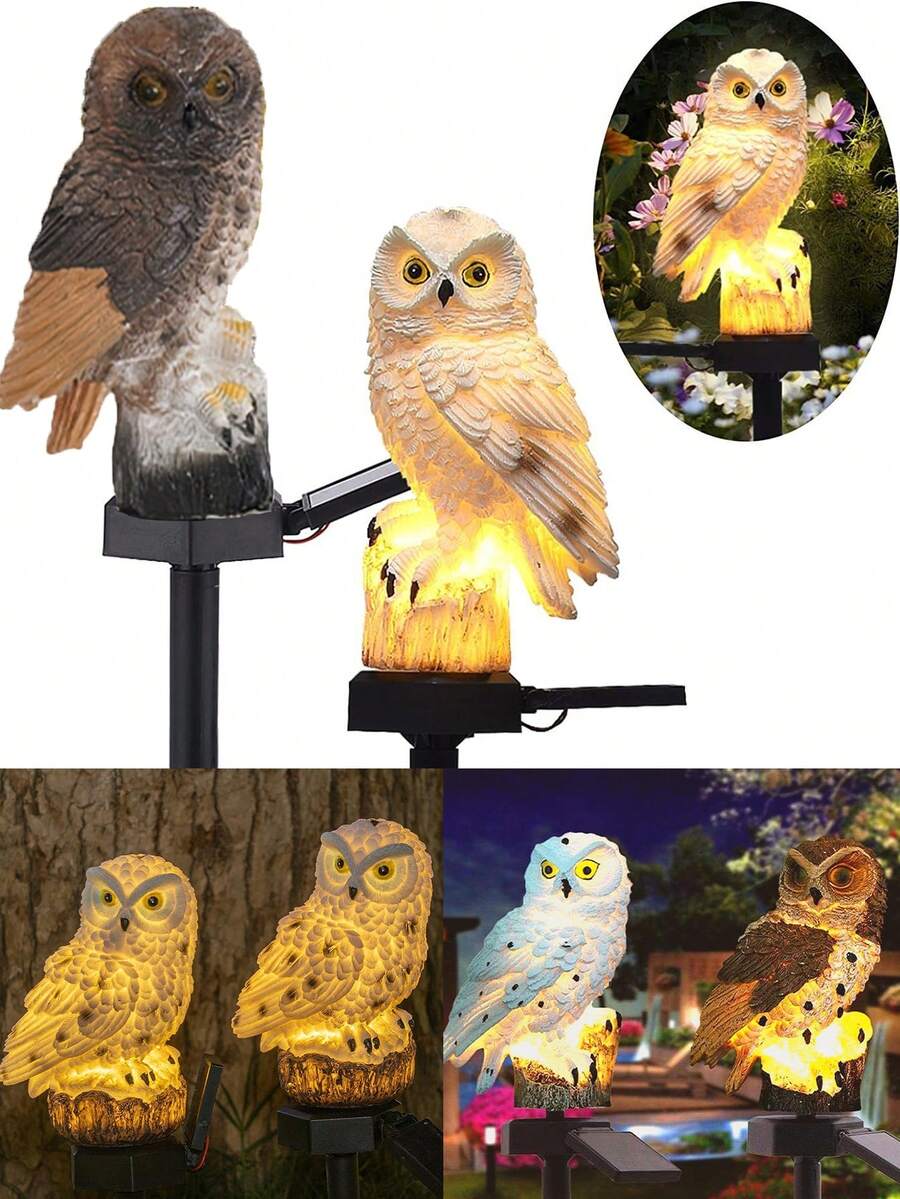 1 pieza Luz de enchufe solar con forma de búho de resina, luz nocturna impermeable para exteriores, luz decorativa, luz de atmósfera, luz decorativa de atmósfera para patio y granja al aire libre, luz LED para césped, iluminación nocturna automática - Lámpara de pie con forma de búho - Ver 1