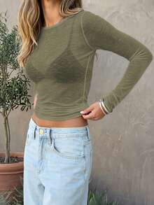 Y2K Style Elastic Sheer Long Sleeve Crew Neck Fitted T-Shirt Top - Army Green - View 5