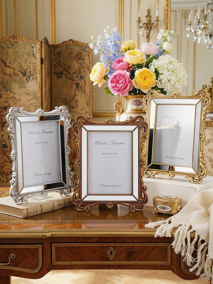 1pc Rococo Baroque 3D Embossed Floral Decor Frame, Exquisite Scrolling Pattern, Luxurious Metallic Trim, Vintage Elegant Vibe. Versatile For French, American, Minimalist Luxury, Retro Home Decor, Can Be Displayed On Desk Or Hung On Wall, Home, Wedding, Commemorative Decoration