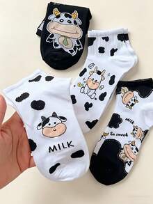 5 Pairs Women's Cartoon Cow Pattern Socks, Mainly In Black And White Tones, Including Different Expressions And Poses Of Cows As Well As Solid Color Backgrounds, Lightweight And Comfortable Material Suitable For Warm Seasons, Won't Easily Slip, Styles Include Bow, Tassel, Snowflake Decorations - Multicolor - View 3