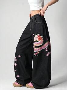 1件美式街頭風女款刺繡寬鬆寬腿牛仔長褲 時尚休閒黑色四季款 - 黑色 - 查看 5