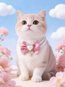 Pearl Necklace For Dogs & Cats, With Rhinestone Bone And Pearl Bow Tie Pet Accessories, Fashionable Design Made Of Pearl Material. Stylish Cat Wedding Collar Decor, Suitable For Female Cats And Small/Medium Dogs (Pink, Blue) - Multicolor - View 4