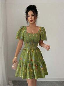 Vestido corto de verano para mujer con cuello cuadrado, mangas acampanadas y volantes en el bajo - verde menta - Ver 5
