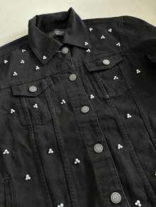 pthirillo Women's Black Denim Jacket Maxi Oversized Denim Black Cotton Long Sleeve Premium Street Style Retro Casual Loose Fit With Pockets Cowboy Style Show Pearls | Basic - 珍珠三重奏 - 查看 6