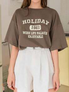 Oversized Summer T-Shirt With Letter Graphic And Dropped Shoulders - 全穀類咖啡 - 查看 10