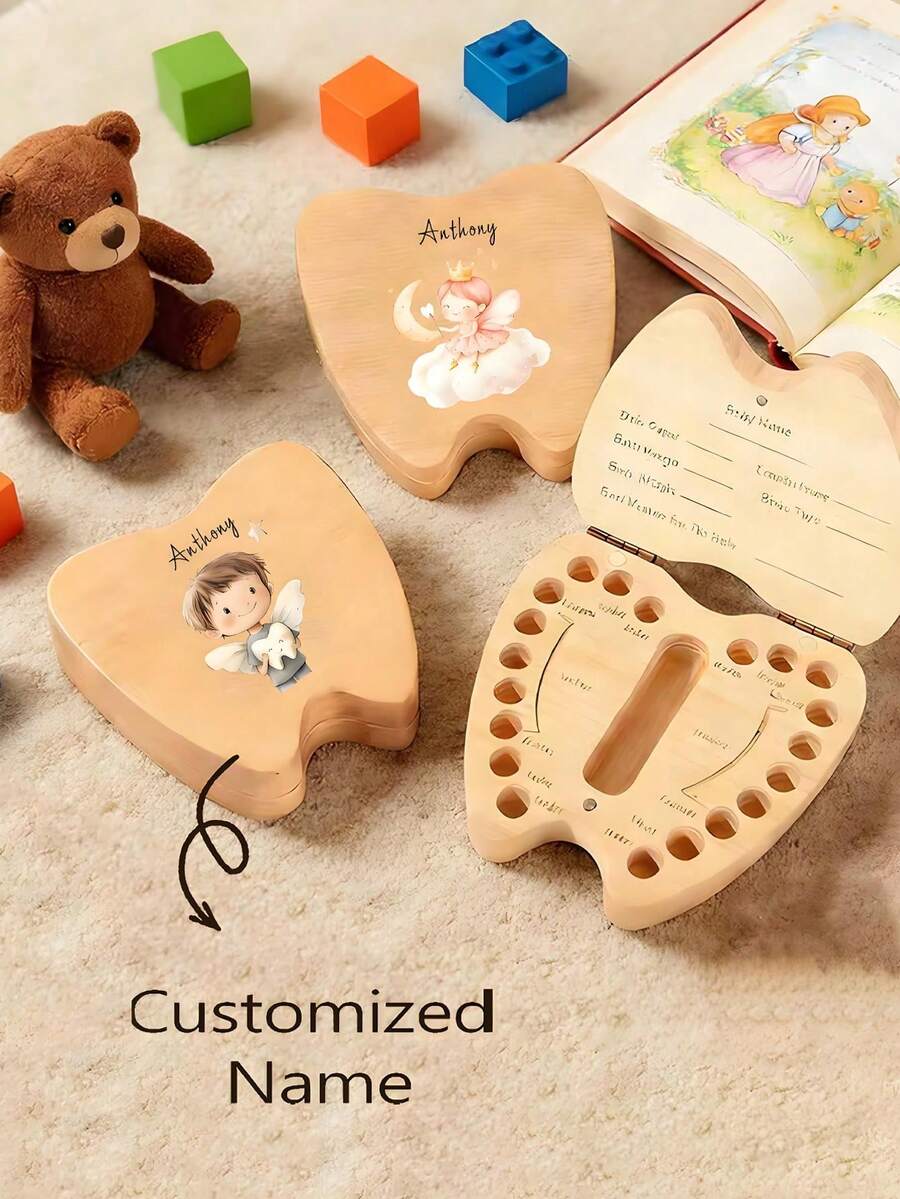 Personalized Tooth Storage Box - Tooth Collecting Box With Name/Date // - Tooth Storage Box For Christening, Birthday And Party Gifts (Customized Name Label And Angel Pattern) Functional, Decorative, Lettered, Fashionable, Modern, Colorful, Cute, Casual, Customized, Personalized, Unique, Customized, Son, Daughter Back To School - Multicolor - View 1