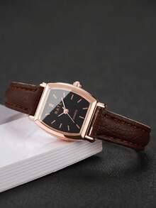 Bộ 5 món quà tặng dành cho nữ - Đồng hồ đeo tay thạch anh mặt số hình thùng cổ điển thanh lịch + Mặt dây chuyền hình trái tim (Không bao gồm hộp đựng đồng hồ) - màu nâu - Xem 9