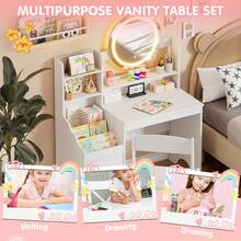 AYYDS 2-In-1 Vanity Set, Princess Children's Vanity Table With Stool, Storage Cabinet, Wooden Dressing Table For Girls, White, Pink - White - View 6