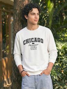 Open Phase STONE DISTRICT Men's Minimalist Printed Crew Neck Long Sleeve Sweatshirt, Graphic Sweatshirts, Academy, Pullover, Fall, Winter Sweatshirt Spring To Summer , Retro American, Unisex, Relaxed Fit Summer Outfits – Suitable For Everyday Wear And Summer Holiday Outfits. - White - View 1