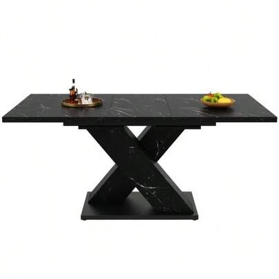 Extendable Dining Table In Black With Marble Look, Modern Dining Table With X Design, Extendable Table For 4-6 People, Sturdy Metal Railing, For Kitchen And Dining Room.