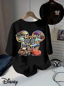 Disney Licensed "Cars" Lightning Mcqueen, Mater, And Other Iconic Racing Characters Double-Sided Printed T-Shirt, Short-Sleeve Round Neck Casual Top, Suitable For Summer And Spring, Short-Sleeve Top, Women'S Clothing - 黑色 - 查看 1
