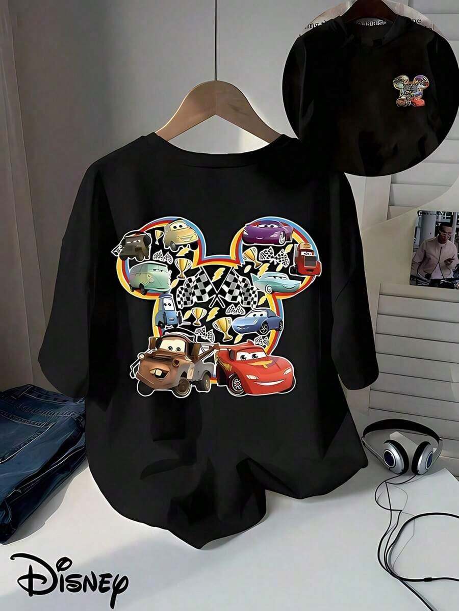 Disney Licensed "Cars" Lightning Mcqueen, Mater, And Other Iconic Racing Characters Double-Sided Printed T-Shirt, Short-Sleeve Round Neck Casual Top, Suitable For Summer And Spring, Short-Sleeve Top, Women'S Clothing - 黑色 - 查看 1