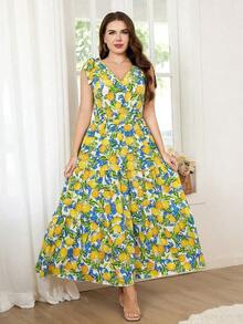 Reflora Vestido de moda con volantes en el bajo, sin mangas y con hombros anudados con estampado de lunares para mujer de talla grande - Amarillo - Ver 7