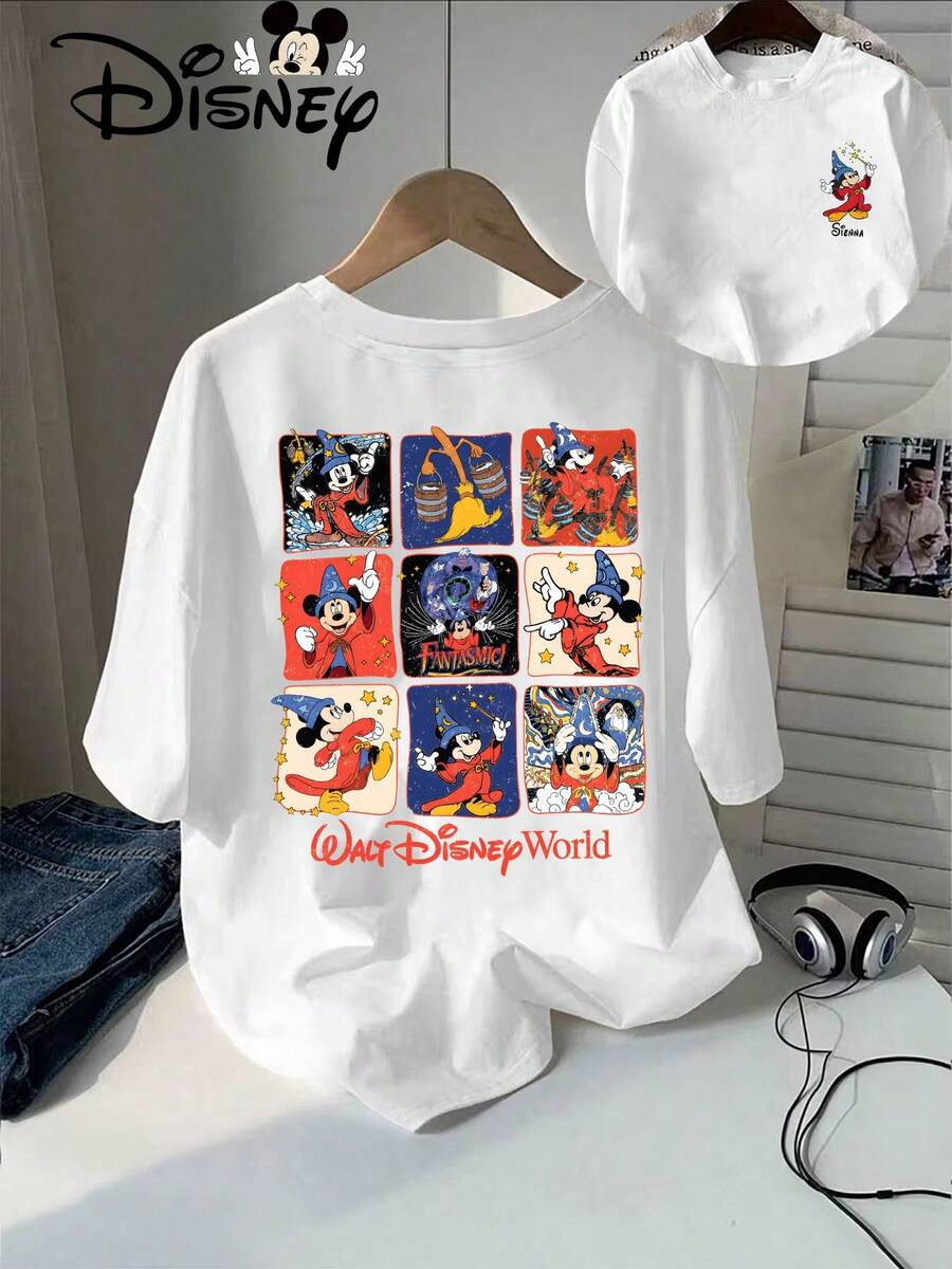 Disney Women's T-Shirt  Magic-Themed Mickey Pattern Summer New Short-Sleeve T-Shirt For Women, Casual And Stylish Printed Top - White - View 1
