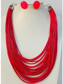 Maxi Waxed Multi-Strand Necklace Set With Button Earrings - 紅色 2 - 查看 2