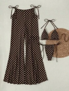 Ensemble bikini 3 pièces à pois marron et blanc avec Top à encolure dégagée, cache-maillot large en maille, style maillot de bain sexy pour les vacances - Multicolore - Voir 3