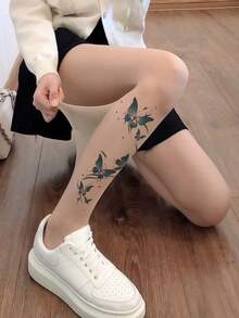 女士绿色蝴蝶图案透明连裤袜 - 优雅仿纹身紧身裤袜，适合办公室、约会和各种时尚场合 - 彩色 - 查看 4