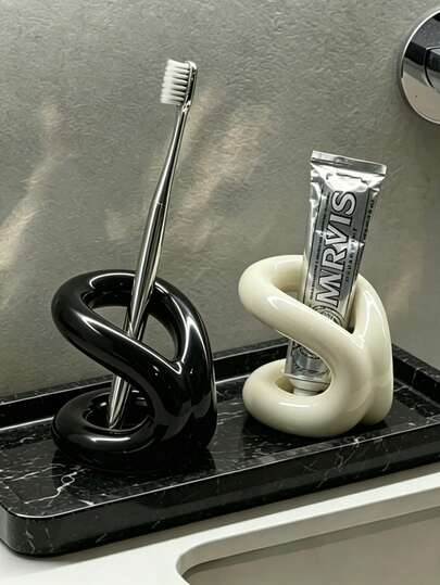 1 件现代艺术风格陶瓷化妆刷架、牙刷和牙膏架、简约桌面收纳整理器，适用于卧室和浴室家居浴室装饰秋季装饰返校