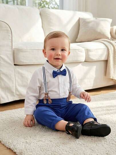 BOARNSEORL Baby Boys Gentleman Outfit, White Long Sleeve Shirt With Bow Tie And Overalls, Fashionable, Suitable For Birthday Party, Evening Party, Wedding, Pageboy Formal Wear