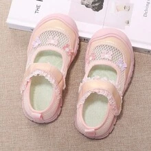 Toddler Girls' Ballet Style Princess Shoes, Summer Mesh Breathable Non-Slip Soft Bottom Hook And Loop Closed Toe Shoes - Pink - View 3