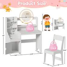 AYYDS 2-In-1 Vanity Set, Princess Children's Vanity Table With Stool, Storage Cabinet, Wooden Dressing Table For Girls, White, Pink - White - View 2