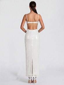 Đầm slip hở lưng đính sequin thời trang cho tiệc tùng - trắng - Xem 2