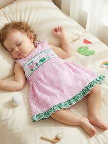 Vestido de tirantes para bebé niña, moderno, con bordado de golf, sin mangas, cuello redondo y estampado a cuadros. - Rosa - Ver 5