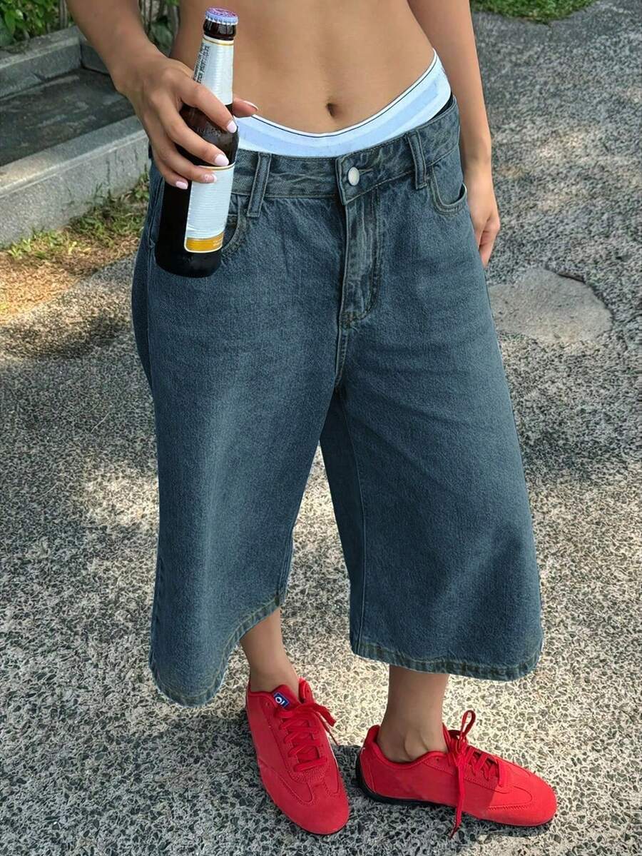 Y2K Streetwear Style 7/8 Length Jeans, Mid-Rise Washed Diagonal Pocket Wide Leg Jeans, Casual , Back To School Autumn For Women - Blue - View 1