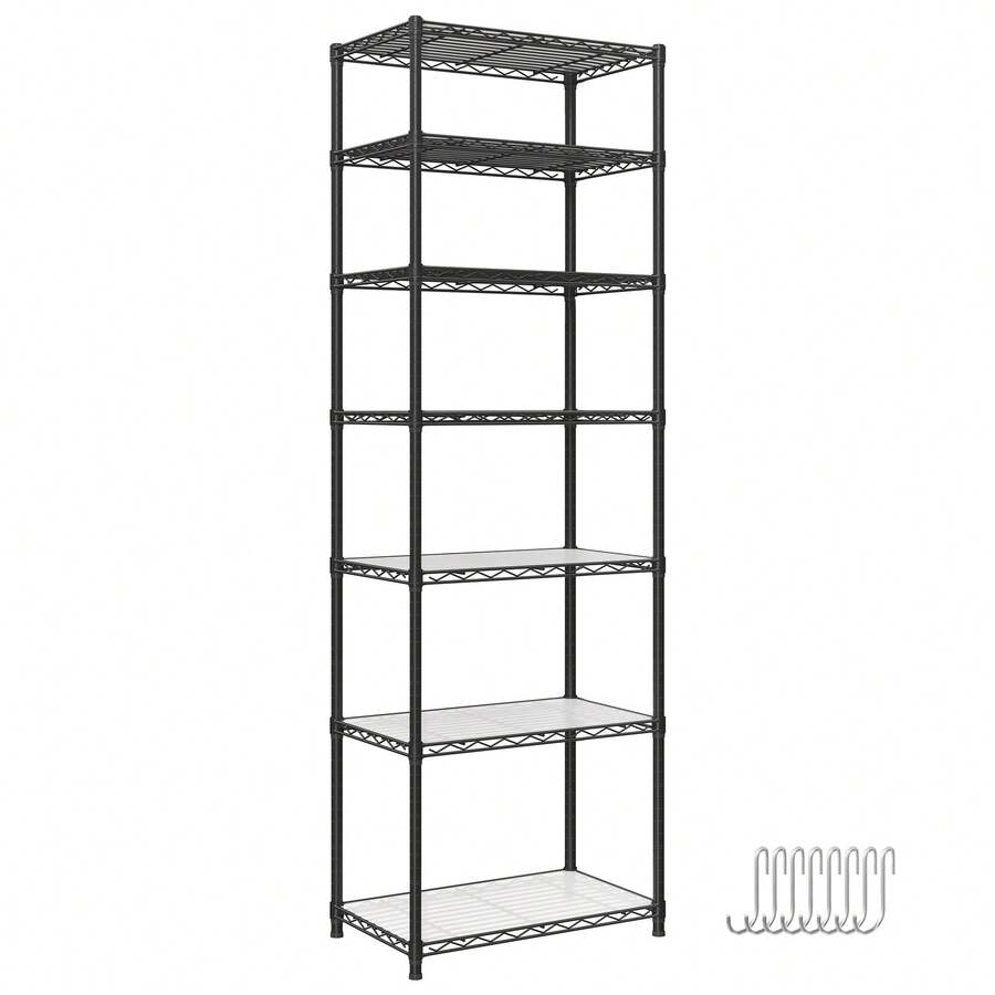 SONGMICS 7-Tier Storage Shelves, Wire Shelving Unit, Kitchen Metal Shelves, Storage Rack With Adjustable Shelves, Shelf Liners, 8 Hooks, For Garage - 黑色 - 查看 1