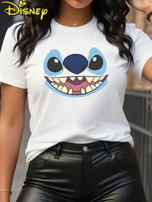 Disney Women's T-Shirt  Stitch Licensed - Cute Stitch Big Face Print Loose Casual Versatile Round Neck T-Shirt,  Stretchy Casual Short Sleeve Top, Fashionable Short Sleeve Round Neck T-Shirt For Women - 白色 - 查看 6