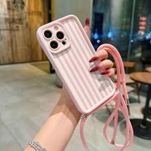 Convenient Lanyard Phone Case With Adjustable Lanyard And Shoulder Strap, Vibrant Pink Vertical Striped, Lightweight Shockproof TPU Protective Case For Apple Phones - Multicolor - View 2