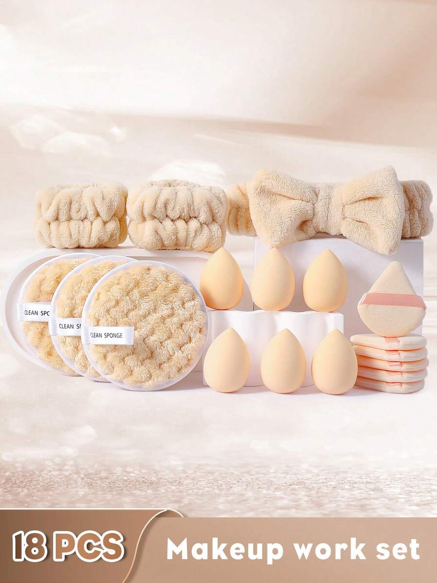 Bộ dụng cụ trang điểm 18 món bao gồm: 2 dây đeo bát rửa mặt + 1 băng đô cài tóc + 3 bông mút rửa mặt + 6 bông mút trang điểm + 6 bông phấn tam giác - Nhiều màu - Xem 1