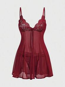 ROMWE J-Fashion Y2K y Vestido Transparente con Lazo, Encaje y Malla de Patchwork de Vanguardia - Burdeos - Ver 1
