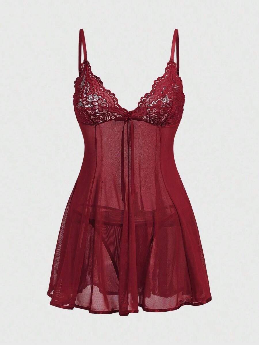ROMWE J-Fashion Y2K y Vestido Transparente con Lazo, Encaje y Malla de Patchwork de Vanguardia - Burdeos - Ver 1