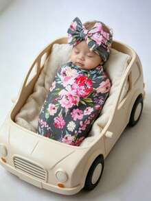 Newborn Receiving Blanket With Bow Headband Set Flower Print Baby Swaddle Blankets With Headband Nursery Swaddle Wrap - Grey Powder Flower - View 3