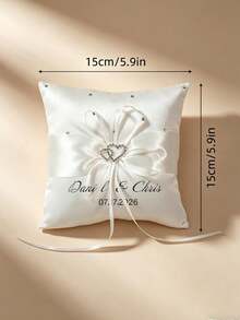 Customized Wedding Ring Pillow Personalized Name Date Cushion With Rhinestone Double Heart Design, Wedding Ceremony Decoration Ring Tray - Multicolor - View 6